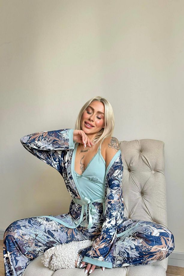 Mint Flore Exclusive Örme Sabahlıklı Kadın Pijama Takımı - 4