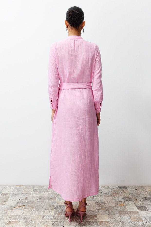 Pembe Hakim Yaka Kuşaklı Düğmeli Dokuma Gömlek Elbise TCTSS24EB00127 - 6
