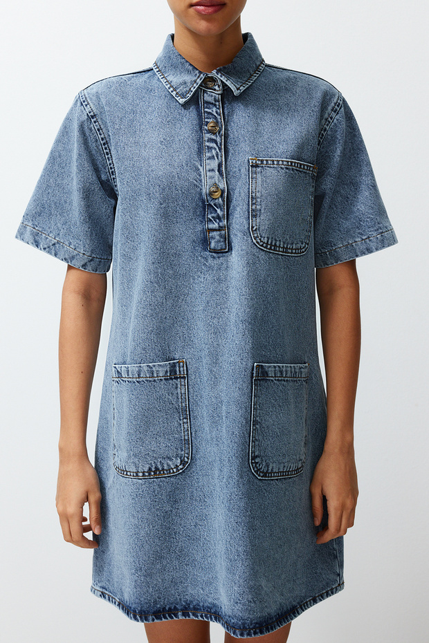 Mavi Cep Detaylı Oversize Mini Denim Gömlek Elbise TWOSS22EL3022 - 4