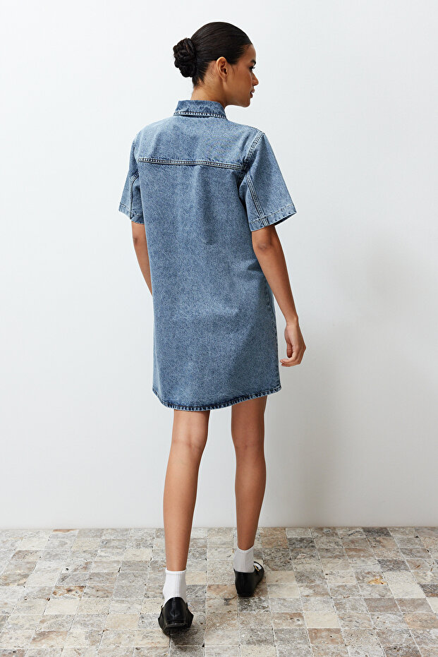 Mavi Cep Detaylı Oversize Mini Denim Gömlek Elbise TWOSS22EL3022 - 6