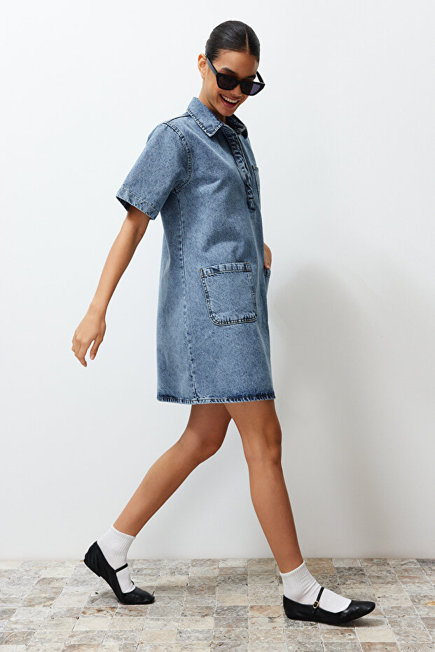 Mavi Cep Detaylı Oversize Mini Denim Gömlek Elbise TWOSS22EL3022 - 2
