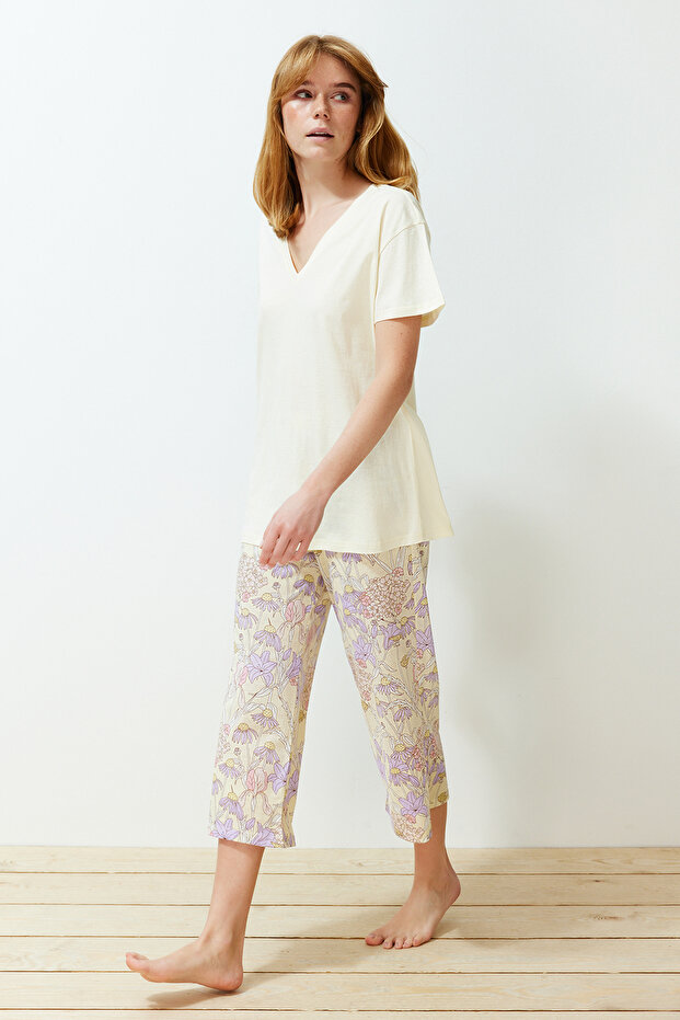 Sarı %100 Pamuklu Çiçekli Kapri Örme Pijama Takımı THMSS24PT00210 - 2