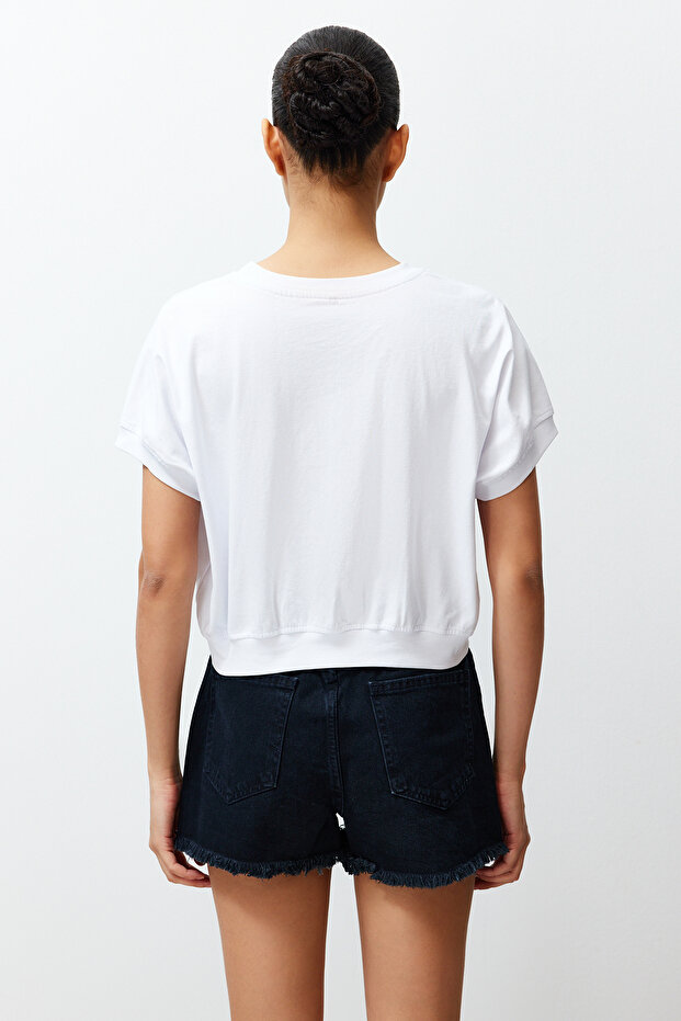 Beyaz %100 Kalın Pamuklu Slogan Baskılı Örme T-Shirt TWOSS24TS00013 - 6