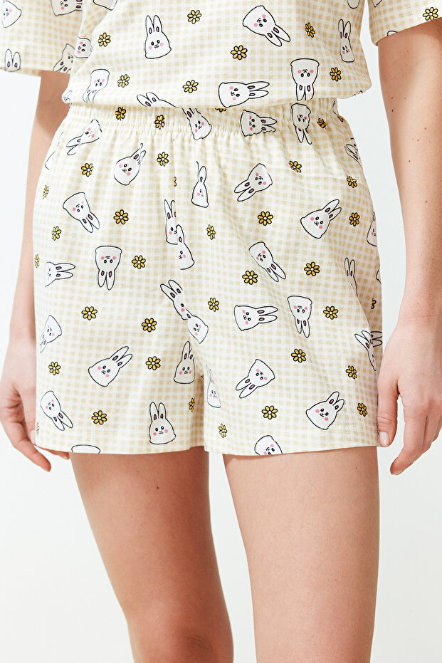Sarı-Çok Renkli %100 Pamuklu Pötikare Şortlu Örme Pijama Takımı THMSS24PT00211 - 5