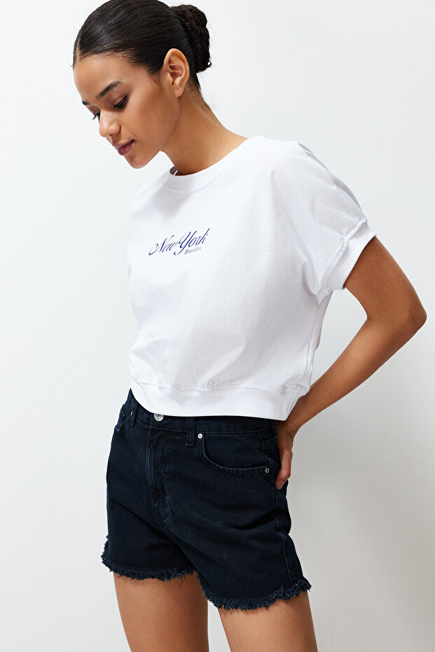 Beyaz %100 Kalın Pamuklu Slogan Baskılı Örme T-Shirt TWOSS24TS00013 - 2