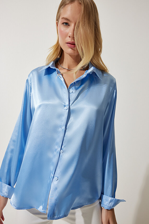 Women's Sky Blue Light Flowing Satin Surface Shirt DD00990