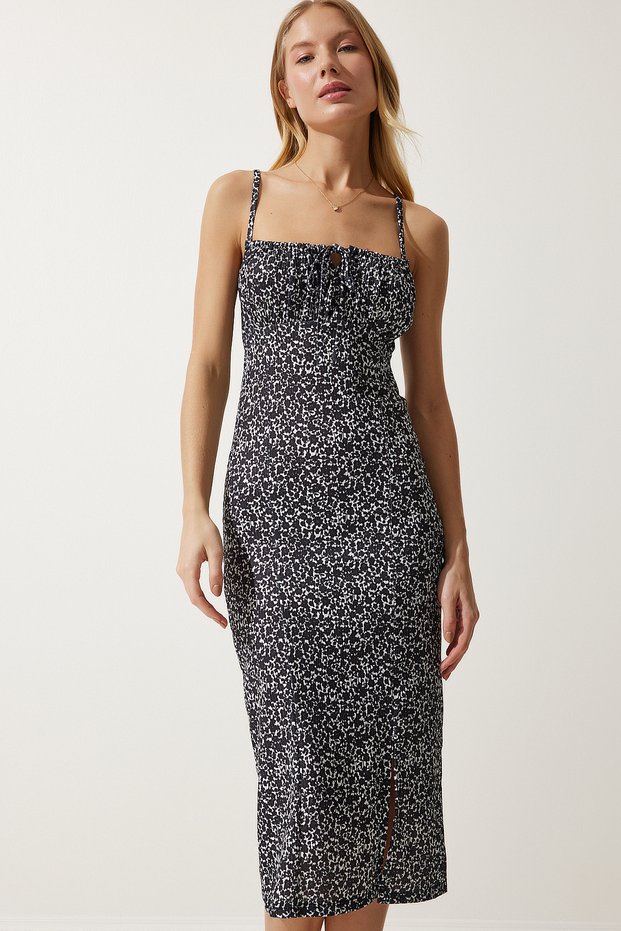 Women's Black and White Floral Slit Summer Knitted Dress CI00029