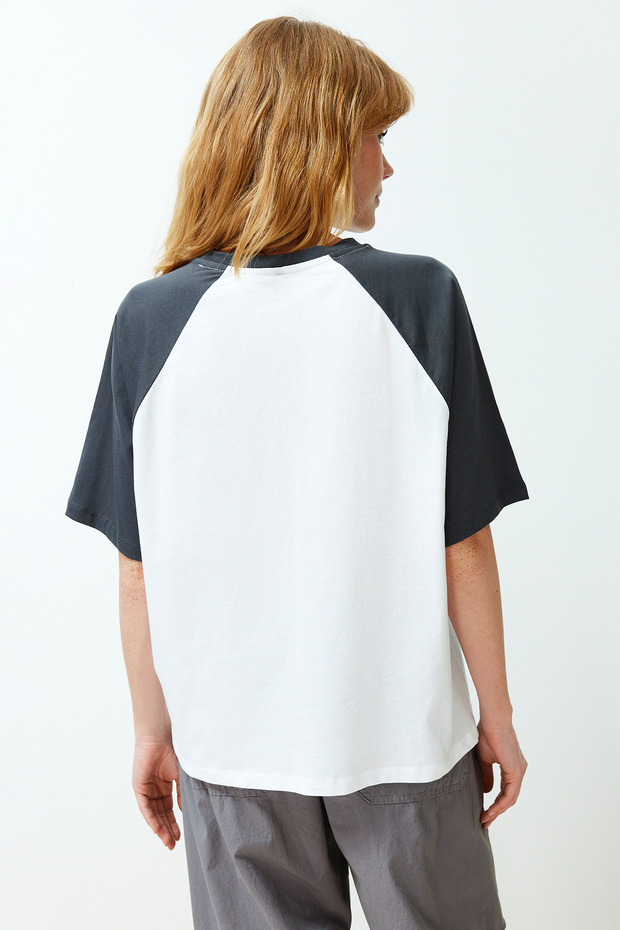 Beyaz %100 Kalın Pamuklu Renk Bloklu Sloganlı Relaxed/Rahat Kesim Örme T-Shirt TWOSS24TS00134 - 6