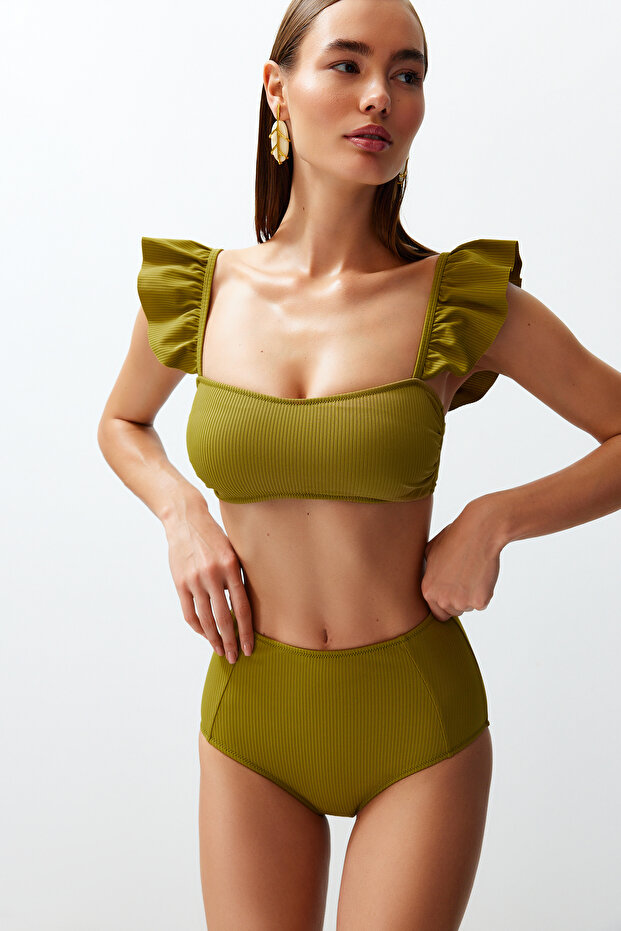 Yeşil Dokulu Fırfırlı Bralette Kaplı Hipster Yüksek Bel Bikini Takımı TBESS22BT0049 - 2