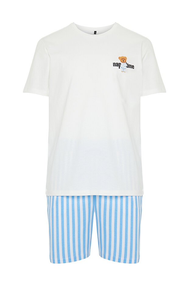 Mavi Ekru Çizgili Regular Fit Couple/Çift Örme Şortlu %100 Pamuk Pijama Takımı TMNSS24PT00017 - 7