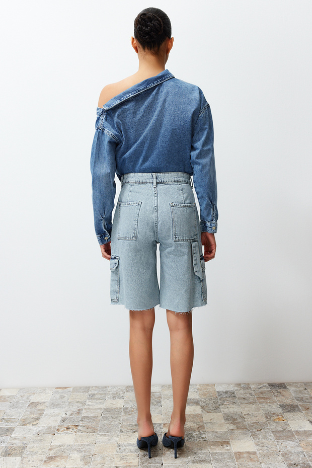 Açık Mavi Kargo Cep Yüksek Bel Denim Bermuda TWOSS24SR00091 - 4