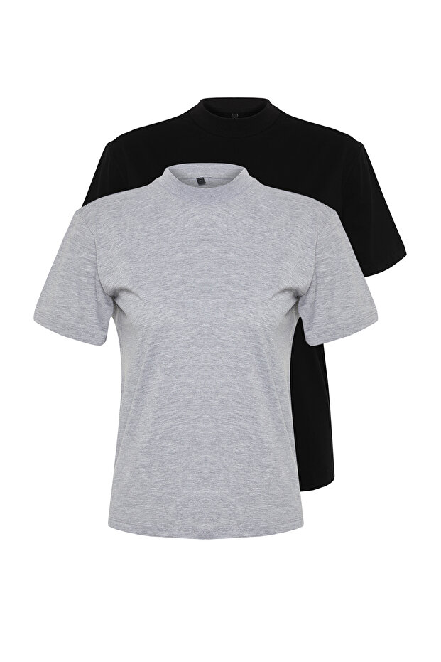 Siyah-Gri Melanj 2'li Paket Basic Dik Yaka Örme T-Shirt TWOSS20TS1500 - 6