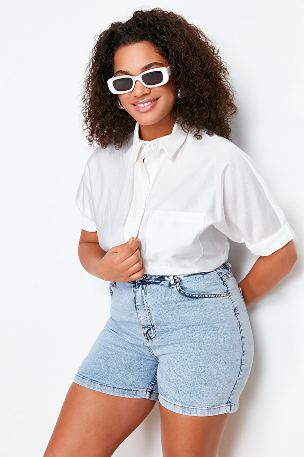 Açık Mavi Yüksek Bel Comofrt/Orta Esnek Straight Fit Büyük Beden Denim Şort TBBSS24AP00030 - 4