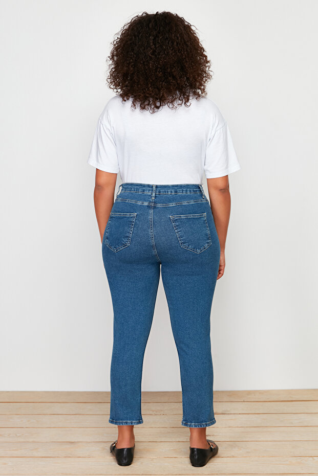 Mavi Yüksek Bel Kısa Boy Esnek/Stretch Büyük Beden Skinny Jeans TBBSS24CJ00032 - 6