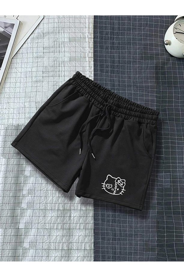 Hello Kitty Baskılı Siyah Kadın Regular fit Şort - 4
