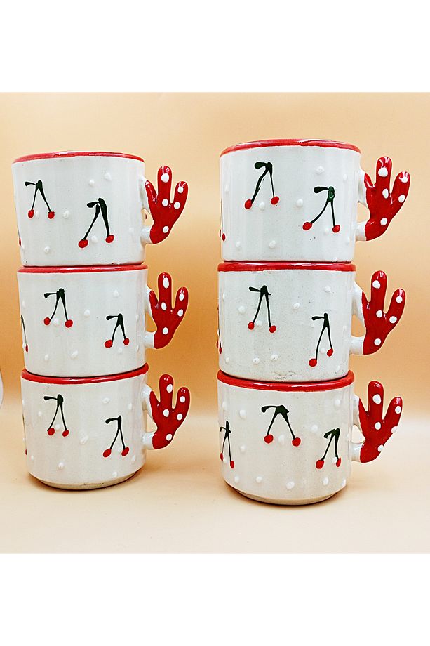 6 Adet Kiraz  Fincan -Hand Made Seramik 150 Ml Çay,duble Kahve,espresso,neskafe Bardağı - 1