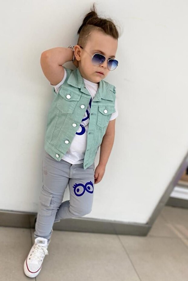 Boy's Eye and Text Printed T-Shirt Zero Sleeve Jean Water Green Vest Bottom Top Set