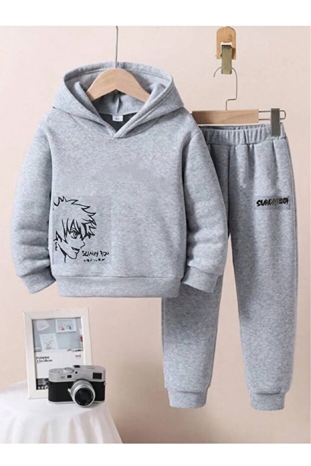 Children's White Hooded Sunny Boy Printed Tracksuit Set
