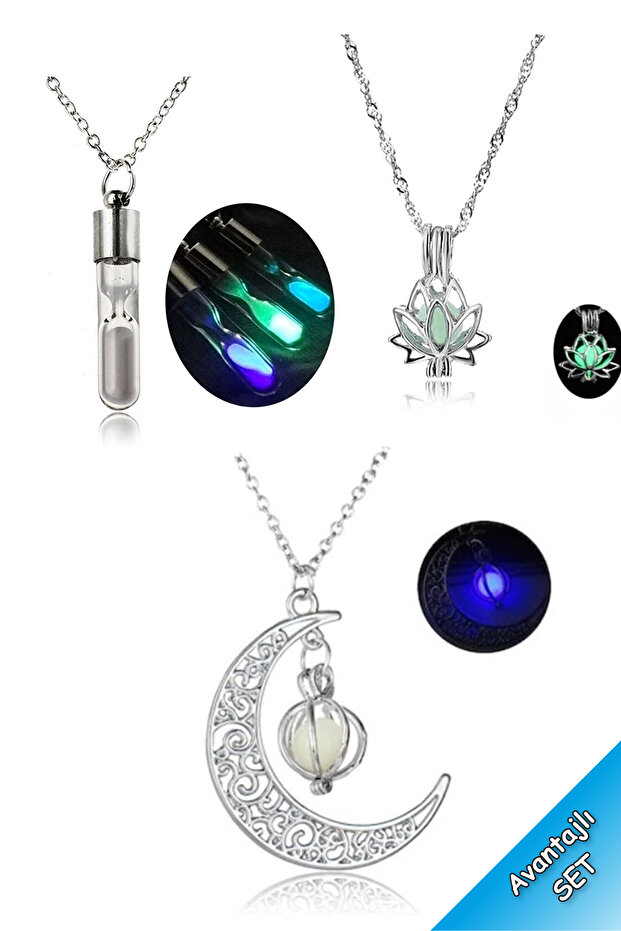 Karanlıkta Parlayan Lotus Çiçeği, Kum Saati, Desenli Ay Kolye Seti (3 adet) - 1