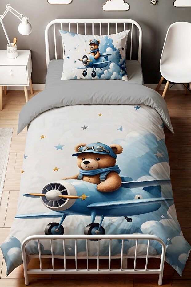 Mavi Uçaklı Ayıcık Desenli Tek Kişilik Bebek Çocuk Nevresim Seti - 2
