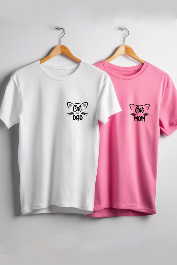 Mother of Cat/ Father of Cat Printed Lover Combination Birthday/ Special Day Gift T-shirt