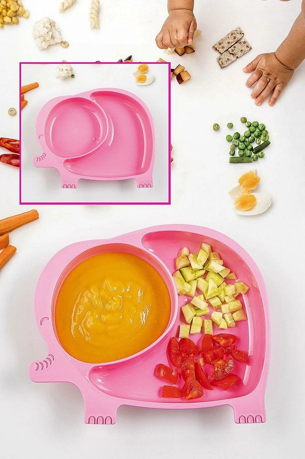 2'li Fil Bölmeli Mama Tabağı 1 Adet Mavi 1 Adet Pembe Bebek Ve Çocuk Bölmeli Yemek Tabağı - 4