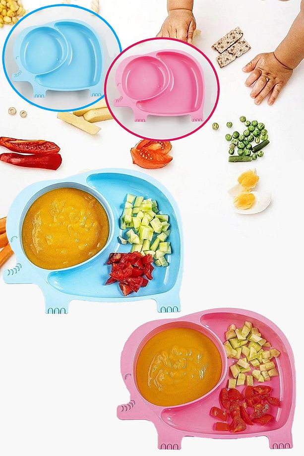 2'li Fil Bölmeli Mama Tabağı 1 Adet Mavi 1 Adet Pembe Bebek Ve Çocuk Bölmeli Yemek Tabağı - 1