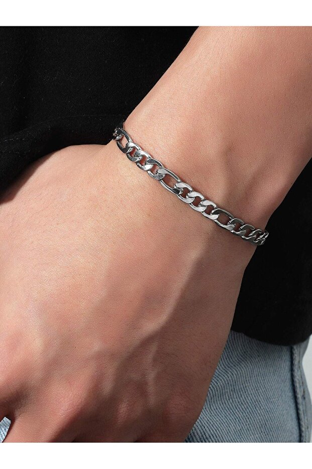 Silver Color Şavin Eyelet Unisex Men's Steel Bracelet - 3010