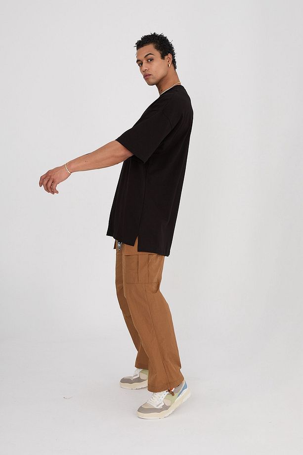 Siyah Yırtmaçlı Basic Düz  Sade renk %100 Pamuk Bisiklet Yaka Oversize Tshirt - 4