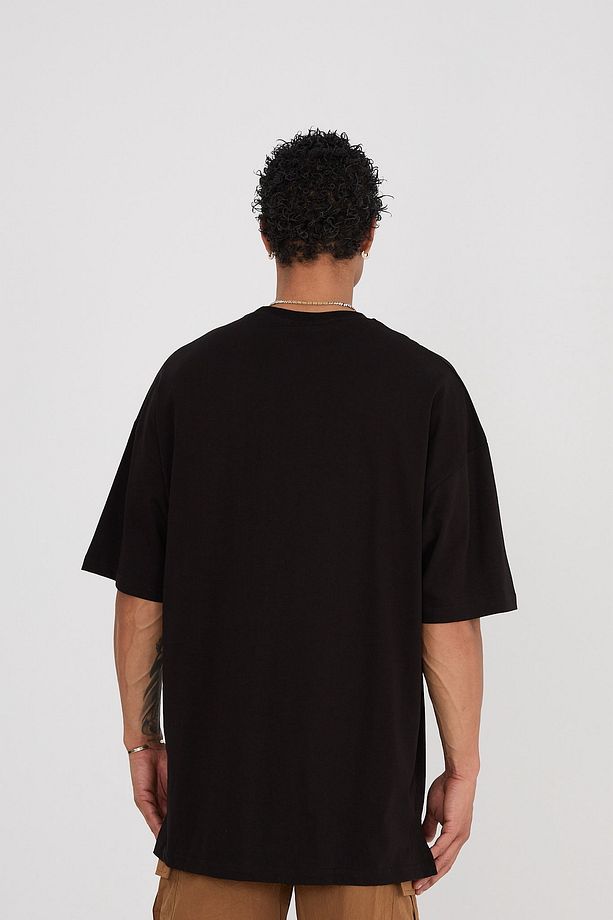 Siyah Yırtmaçlı Basic Düz  Sade renk %100 Pamuk Bisiklet Yaka Oversize Tshirt - 3
