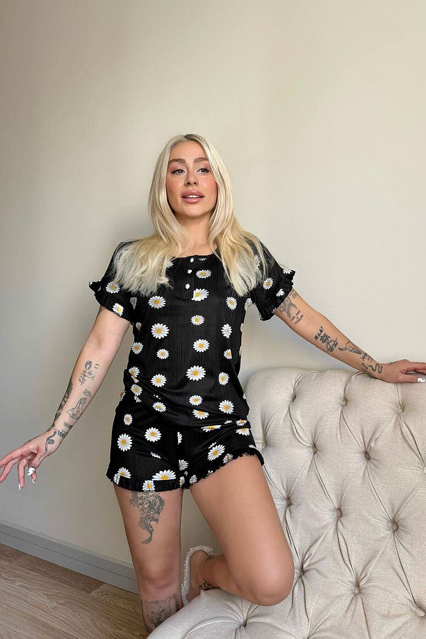 Papatya Desenli Örme Kısa Kol Şortlu Pijama Takımı - 3