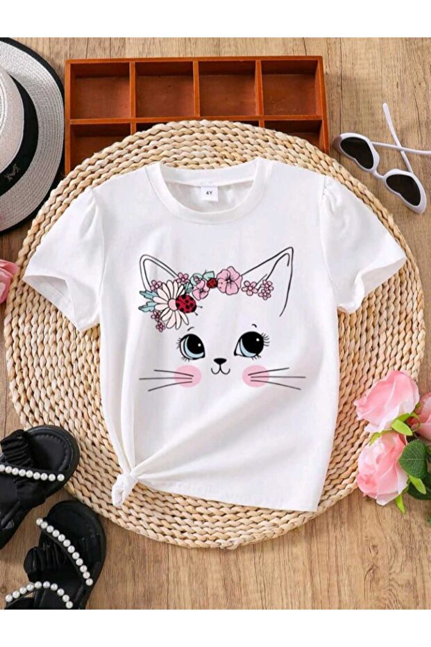 STYLE-X ORNAMENTED CAT PRINTED CYCLING NECK 100% COTTON KIDS TSHIRT