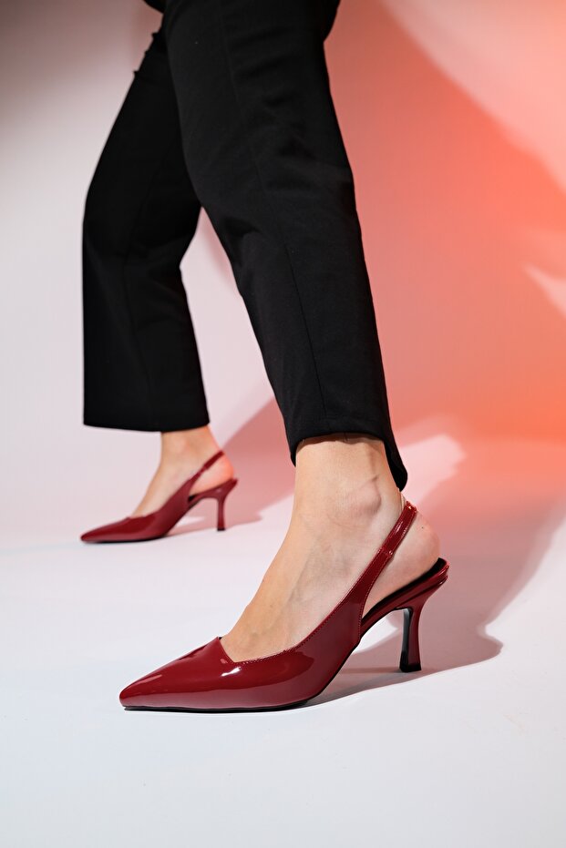 FLEM Claret Red Patent Leather Women's Pointed Toe Open Back Thin Heeled Shoes