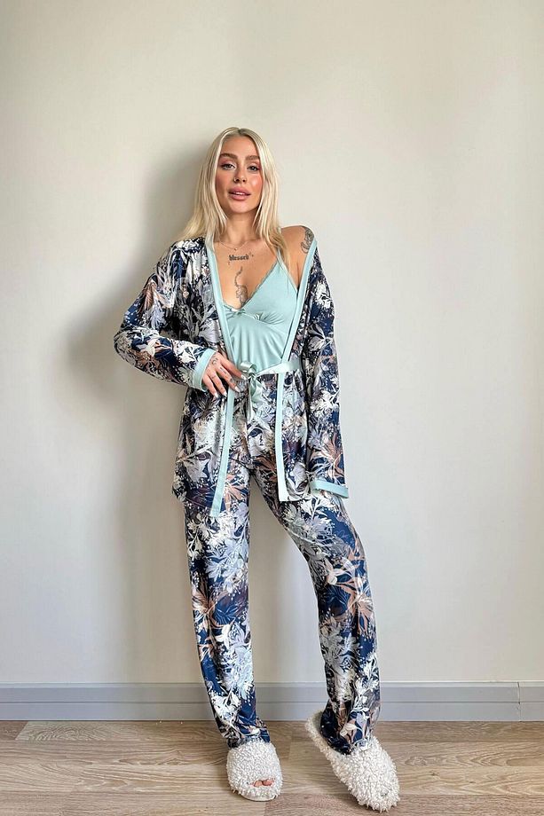 Mint Flore Exclusive Örme Sabahlıklı Kadın Pijama Takımı - 7