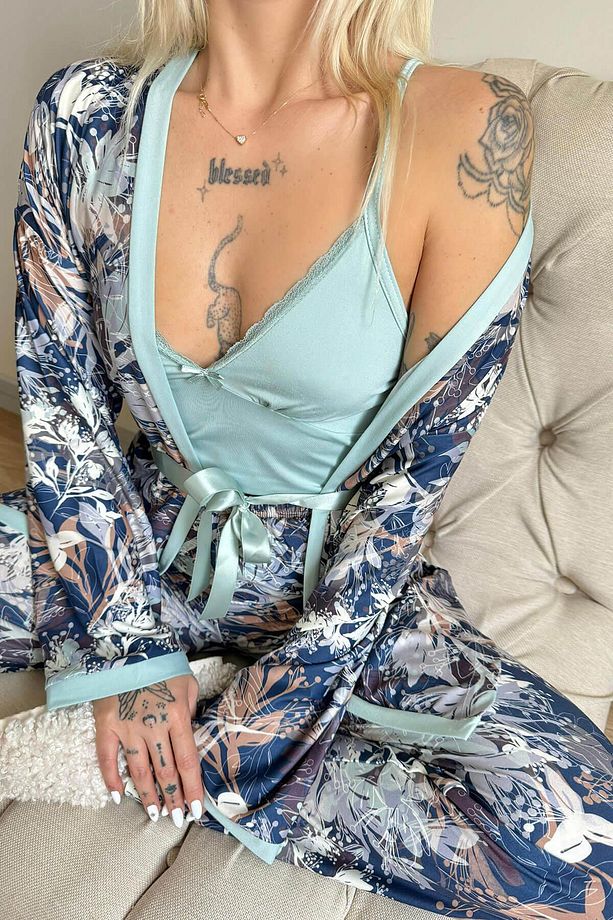 Mint Flore Exclusive Örme Sabahlıklı Kadın Pijama Takımı - 6