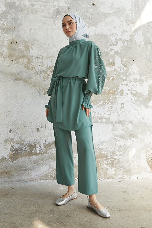 Stone Detailed Balloon Sleeve Double Satin Set - Mint