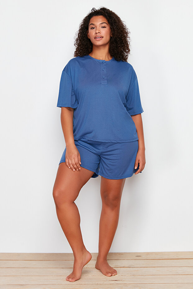 Navy Blue Crew Neck Knitted Pajamas Set TBBSS24AI00011