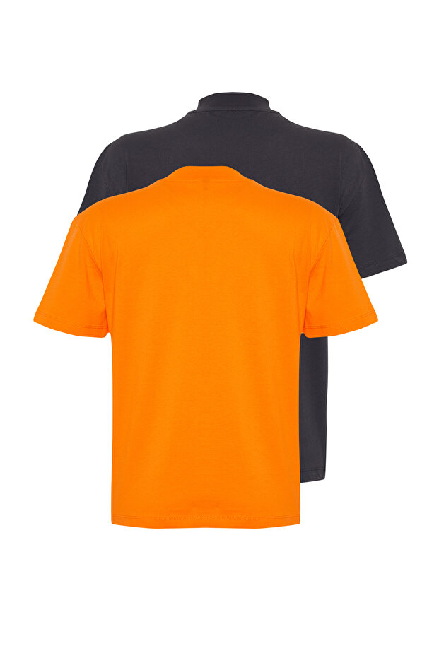 Antrasit-Turuncu 2'li Paket Basic Dik Yaka Örme T-Shirt TWOSS20TS1500 - 7