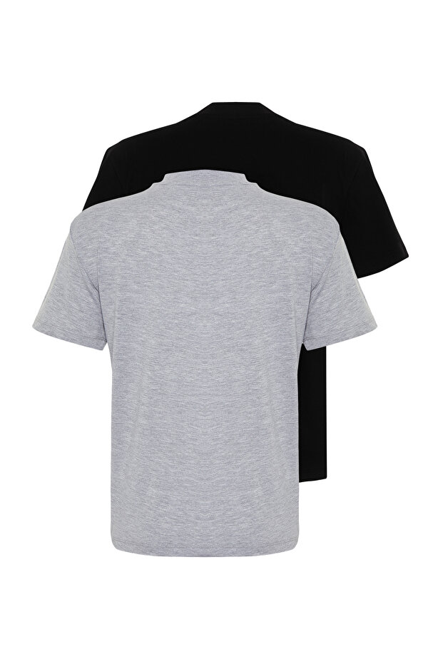 Siyah-Gri Melanj 2'li Paket Basic Dik Yaka Örme T-Shirt TWOSS20TS1500 - 7