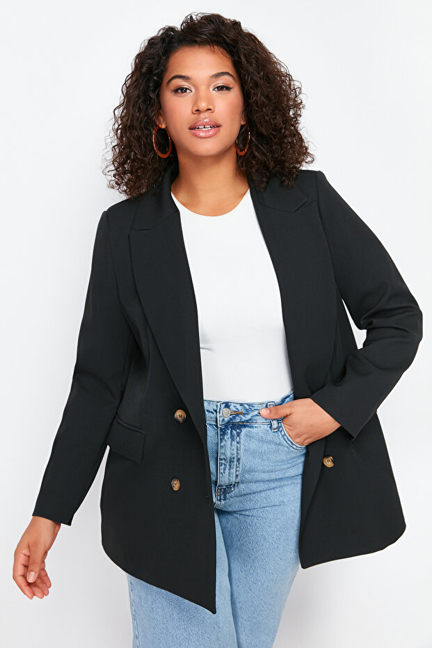 Siyah Oversize/Bol Kesim Astarlı Kruvaze Kapama Dokuma Blazer Ceket TBBSS24AG00002 - 1