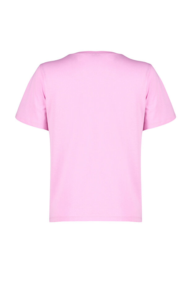 Pembe %100 Pamuk Basic Bisiklet Yaka Örme T-Shirt TWOSS23TS00000 - 8