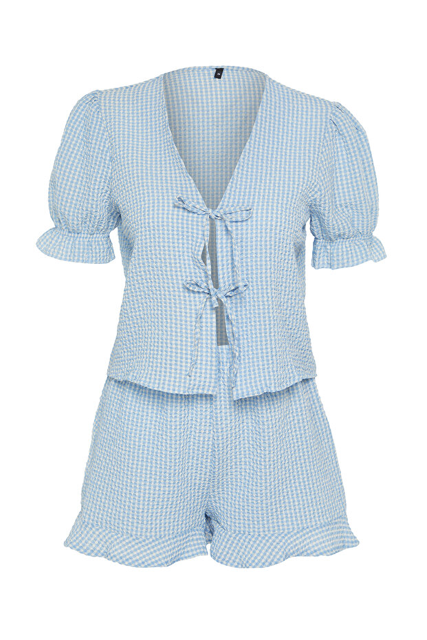 Mavi Dokulu Pötikareli Bağlama/Kurdele/Fiyonk Detaylı Şortlu Dokuma Pijama Takımı THMSS24PT00149 - 8
