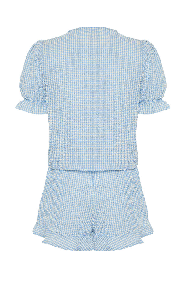 Mavi Dokulu Pötikareli Bağlama/Kurdele/Fiyonk Detaylı Şortlu Dokuma Pijama Takımı THMSS24PT00149 - 9
