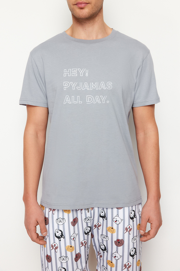 Gri Regular Fit Baskılı Örme Şortlu Pijama Takımı TMNSS23PT00000 - 4