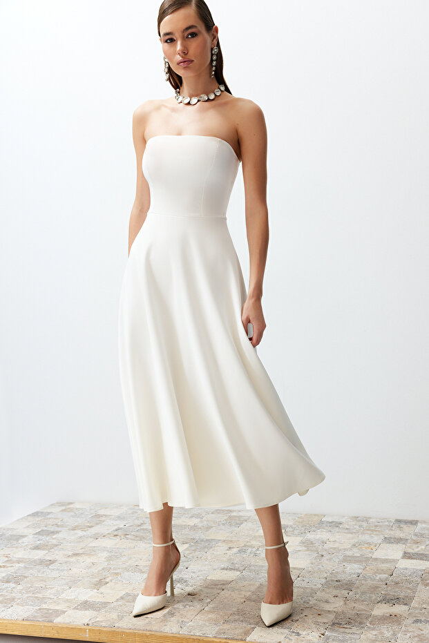 Bridal Beyaz A-Kesim Straplez Dokuma Düğün/Nikah Abiye Elbise TPRSS24EL00139 - 7