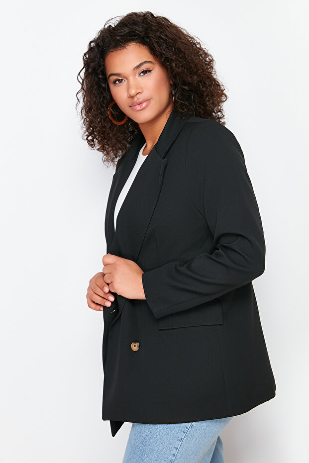 Siyah Oversize/Bol Kesim Astarlı Kruvaze Kapama Dokuma Blazer Ceket TBBSS24AG00002 - 3