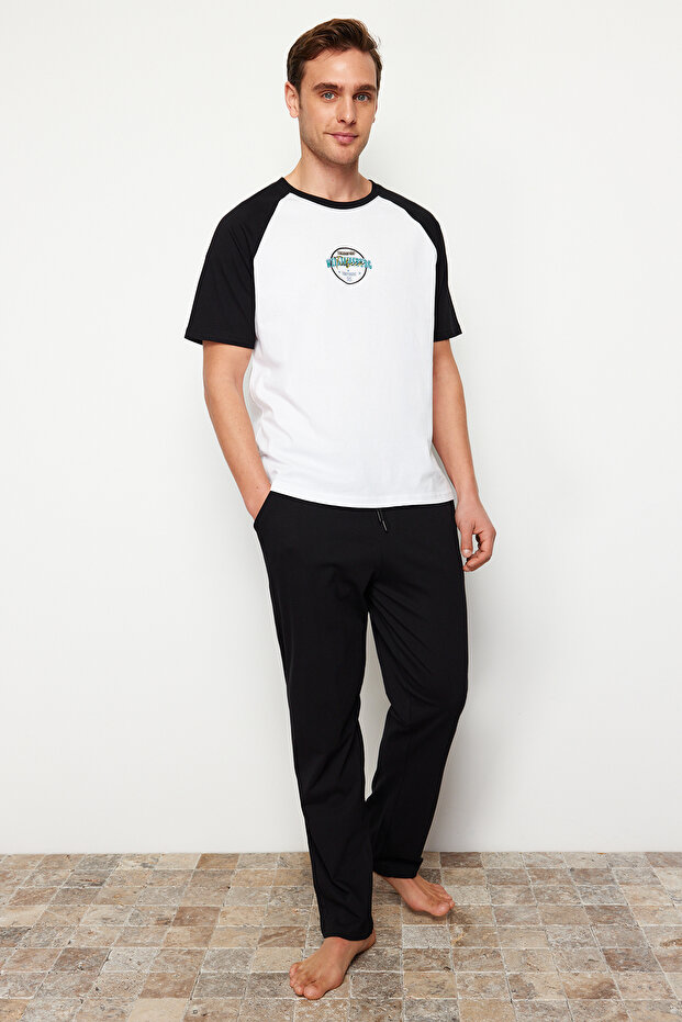 Siyah Beyaz Baskılı Reglan Kol Regular Fit Örme Pijama Takımı TMNSS24PT00014 - 2