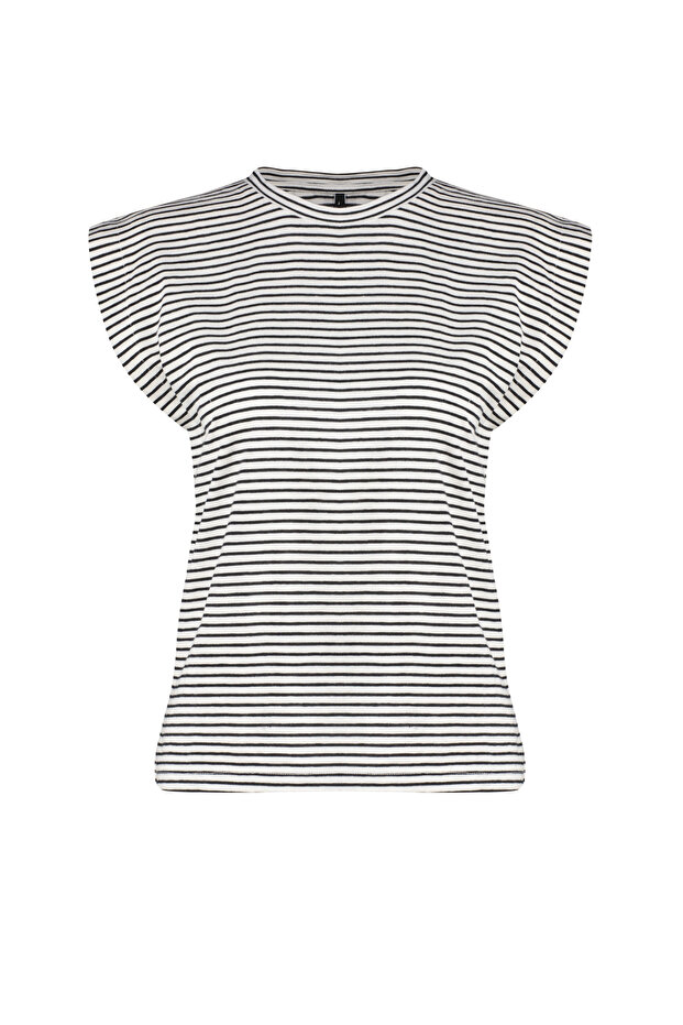 Çok Renkli %100 Pamuk Çizgili Vatka Görünümlü Basic Bisiklet Yaka Örme T-Shirt TWOSS20TS0021 - 9