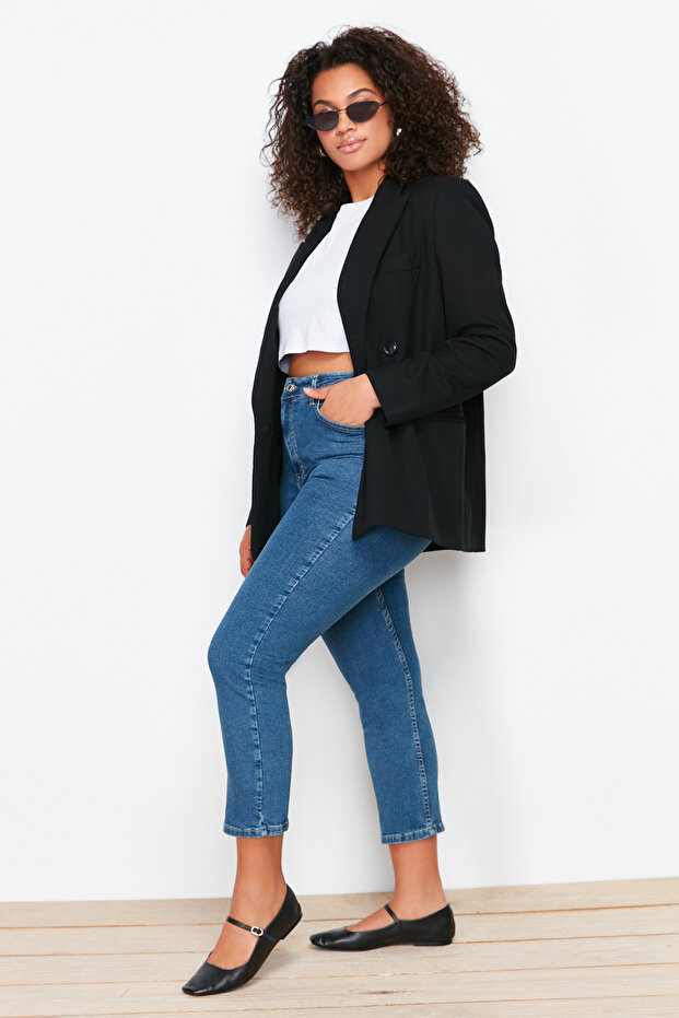 Mavi Yüksek Bel Kısa Boy Esnek/Stretch Büyük Beden Skinny Jeans TBBSS24CJ00032 - 1