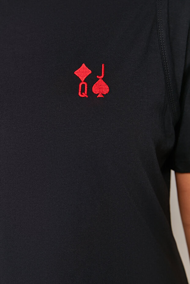 Siyah Nakış Detaylı Örme Maxi/Uzun %100 Pamuk T-shirt Elbise TBBSS24AH00084 - 3